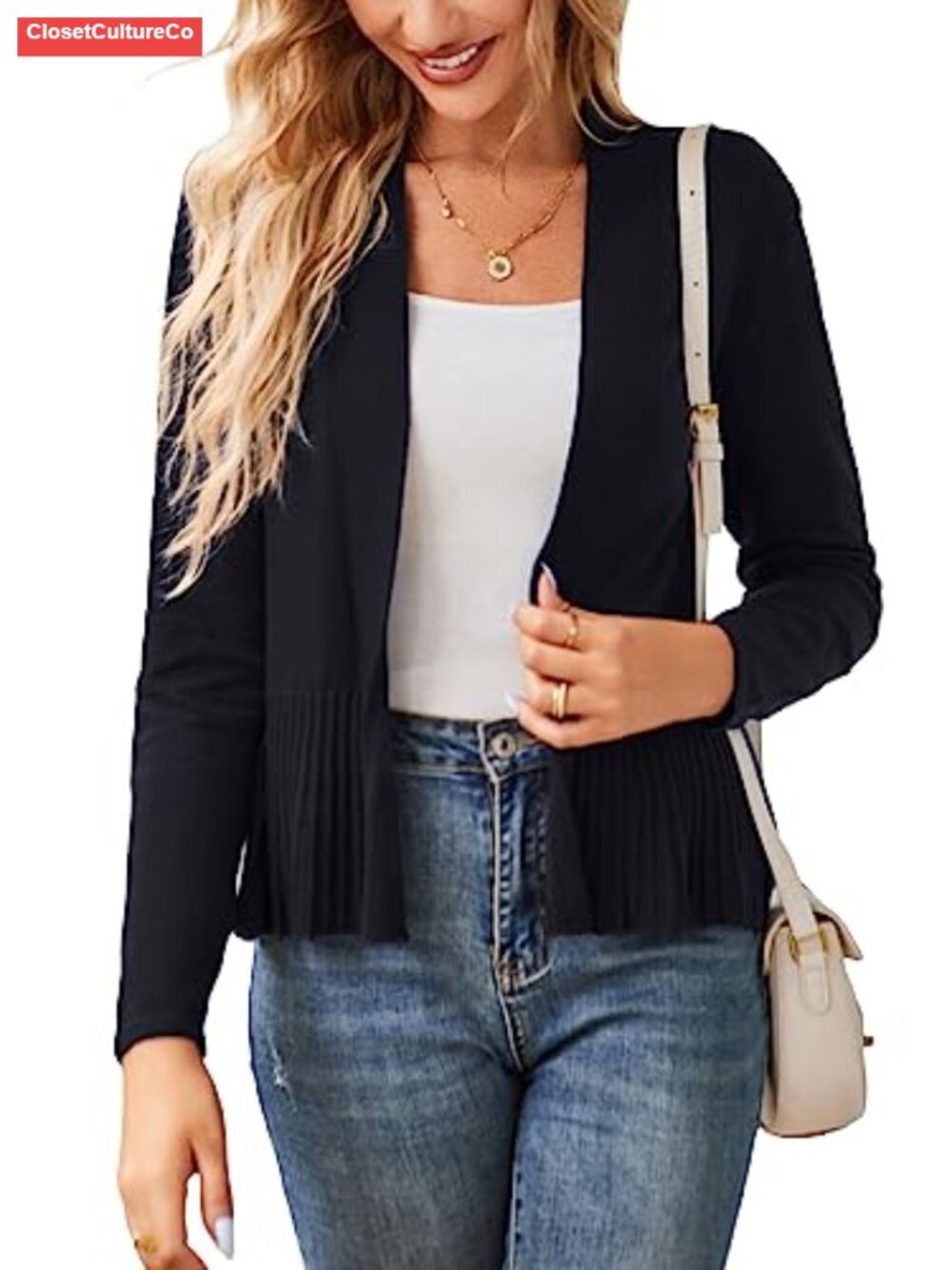Lightweight Peplum Open Front Cropped Cardigan Long Sleeve Knit Sweater